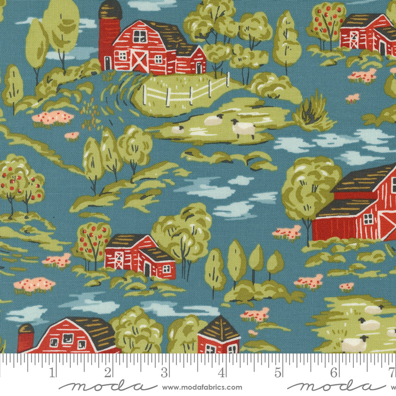 Farmstead Vintage Farm Scene Landscape and Nature Farm Overalls by Stacy Iest Hsu for Moda Fabric 20901-15 scale