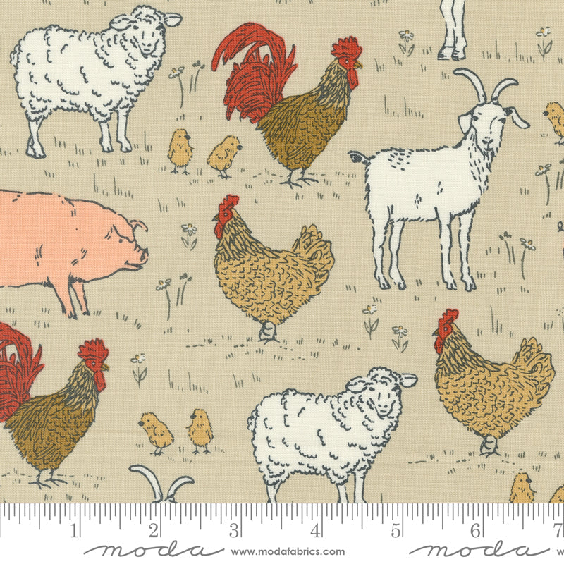 Farmstead Animal Farm Linen by Stacy Iest Hsu for Moda Fabric 20903-12 scale