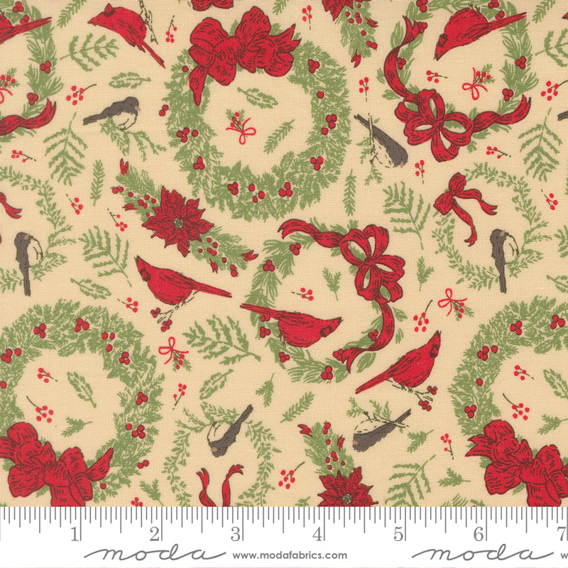 Holiday Cheer Deck The Halls Novelty Vintage Birds Cardinals Wreaths Natural by Stacy Lest Hsu for Moda Fabrics 20973-11 scale