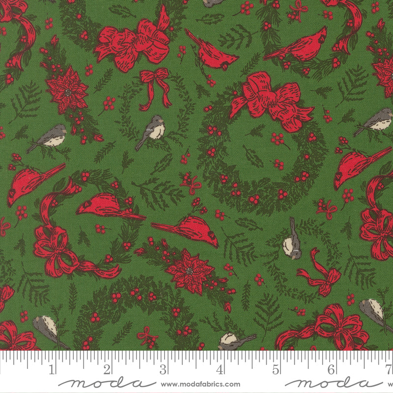 Holiday Cheer Deck The Halls Novelty Vintage Birds Cardinals Wreaths Evergreen by Stacy Lest Hsu for Moda Fabrics 20973-14 scale