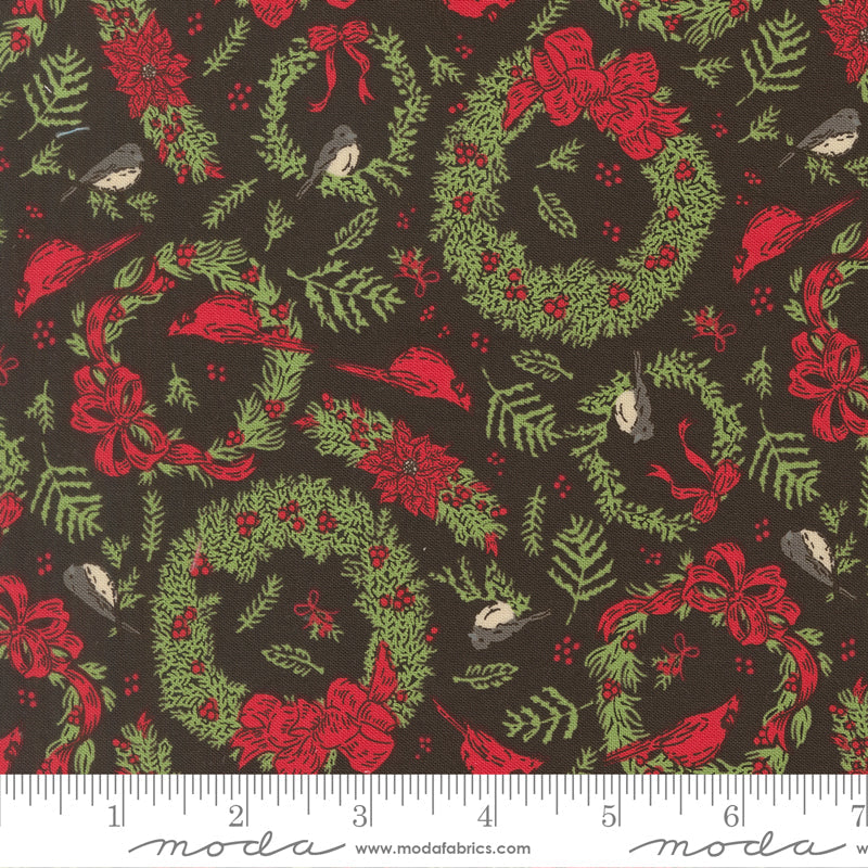 Holiday Cheer Deck The Halls Novelty Vintage Birds Cardinals Wreaths Midnight by Stacy Lest Hsu for Moda Fabrics 20973-20 scale