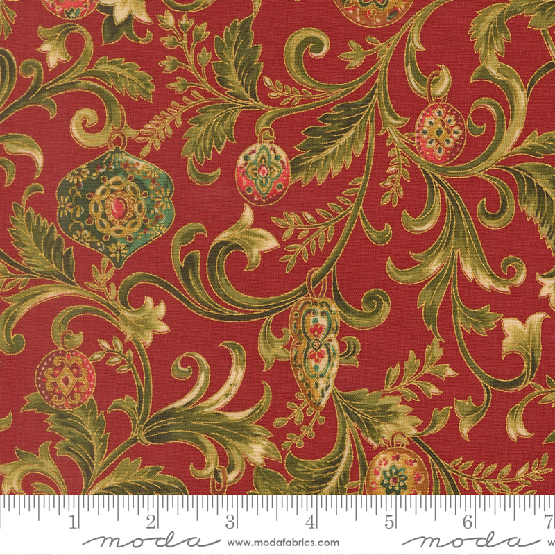 Merry Manor Metallic Twinkling Vine Florals Ornaments Crimson by Moda Fabrics for Moda Fabrics 33861-12M scale