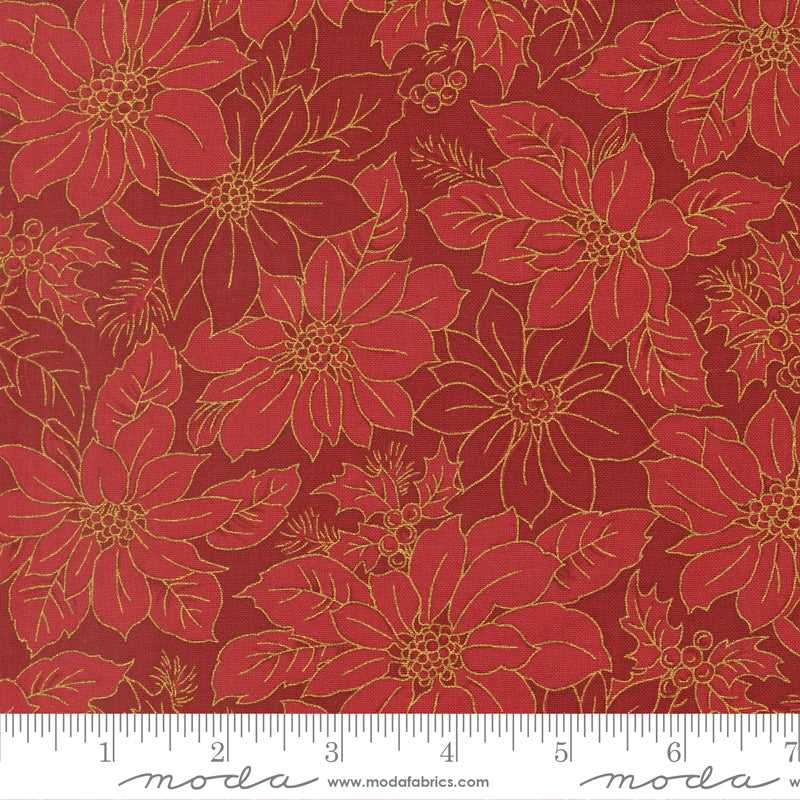 Merry Manor Metallic Poinsettia Blooms Florals Damask Crimson by Moda Fabrics for Moda Fabrics 33862-12M scale