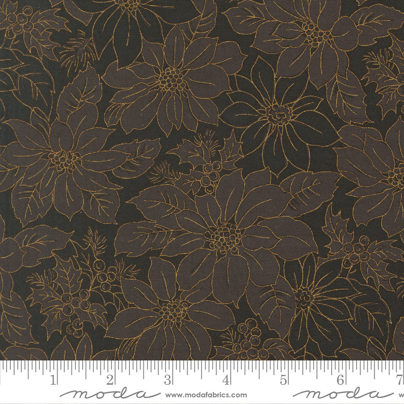 Merry Manor Metallic Poinsettia Blooms Florals Damask Ebony by Moda Fabrics for Moda Fabrics 33862-14M scale