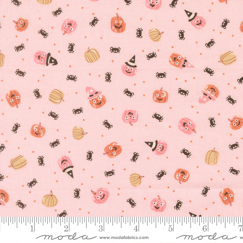 Purrs And Boos Friendly Pumpkin and Spiders Novelty Purrfect Pink by Elena Amo for Moda Fabrics 39064-12 scale