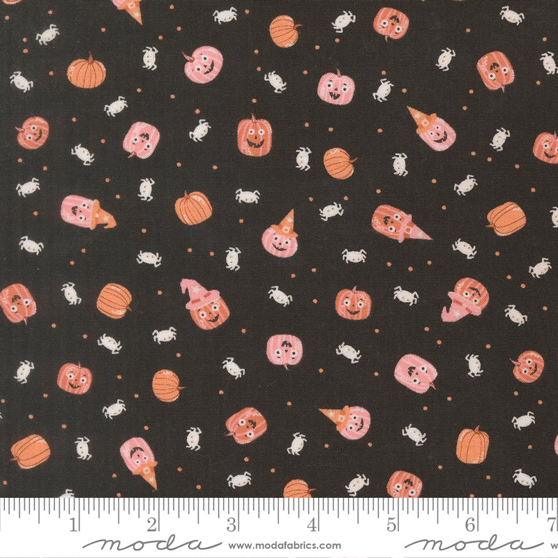 Purrs And Boos Friendly Pumpkin and Spiders Novelty Black Cat by Elena Amo for Moda Fabrics 39064-16 scale