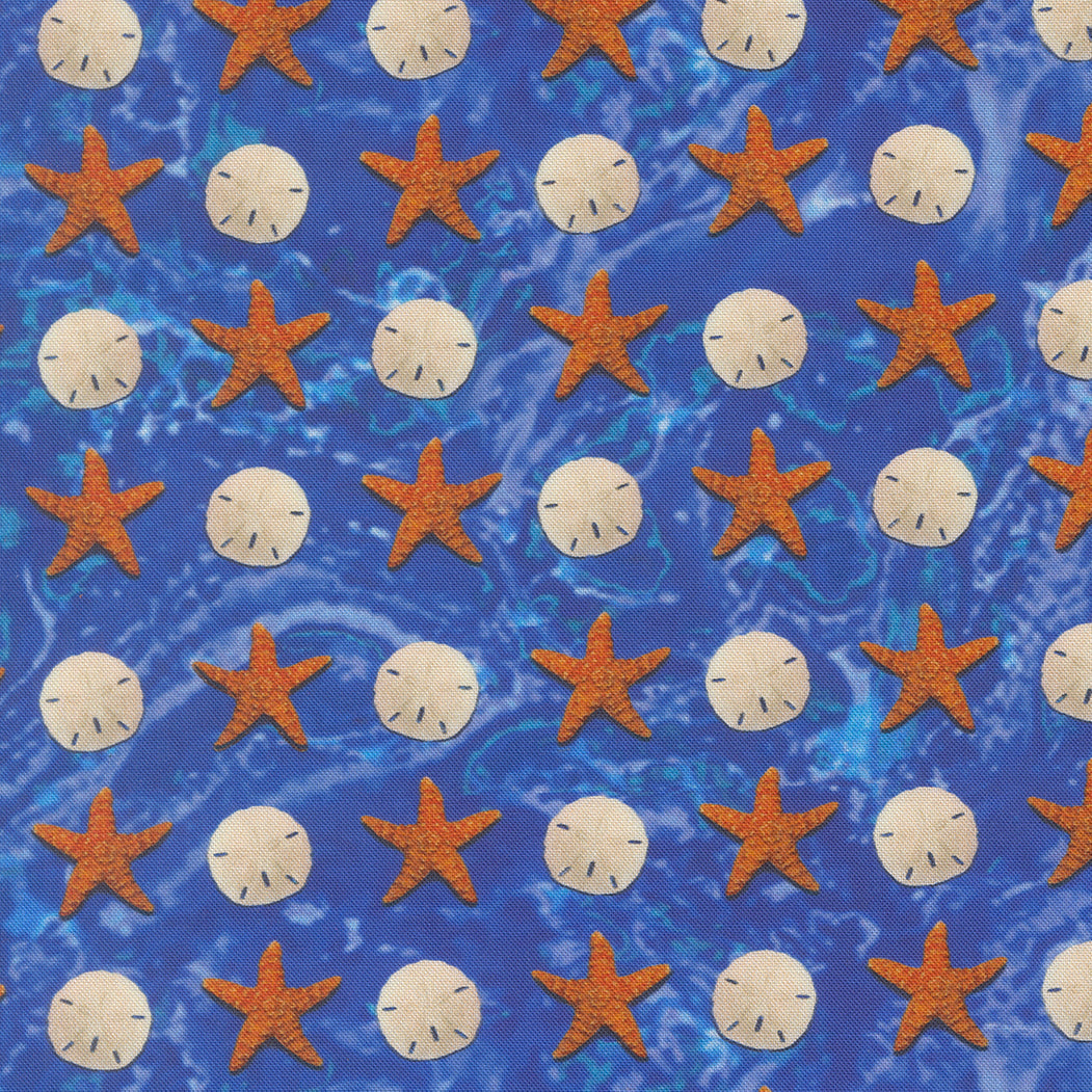 Saltwater Dark Blue Sandy Beach Novelty Sand Dollar Starfish yardage