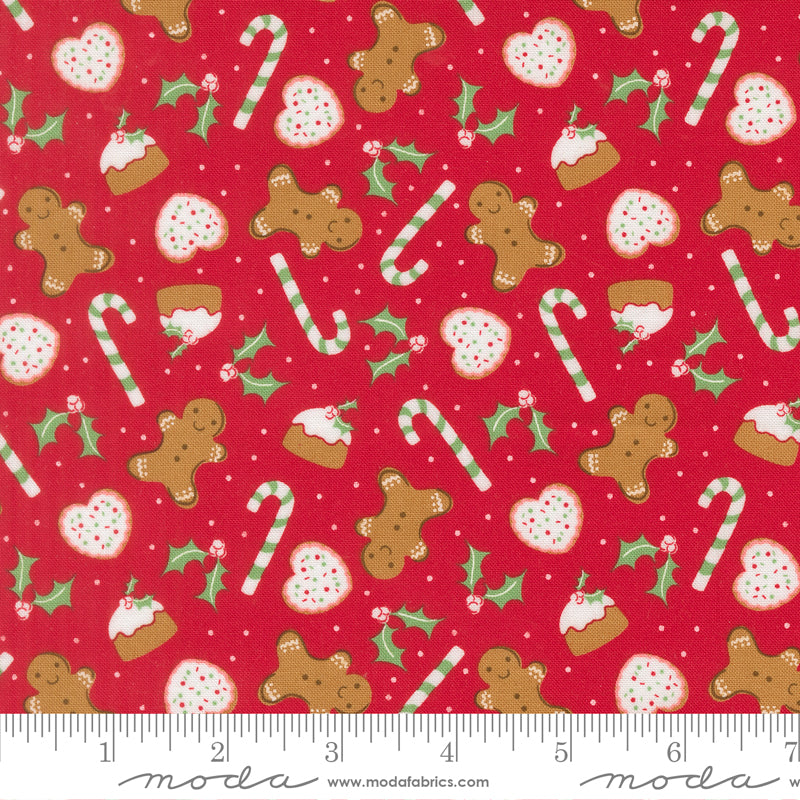 Merrily On High Sweet Treats Novelty Gingerbread Candycane Holly Christmas Red by Sweetfire Road for Moda Fabrics 43212-13 scale