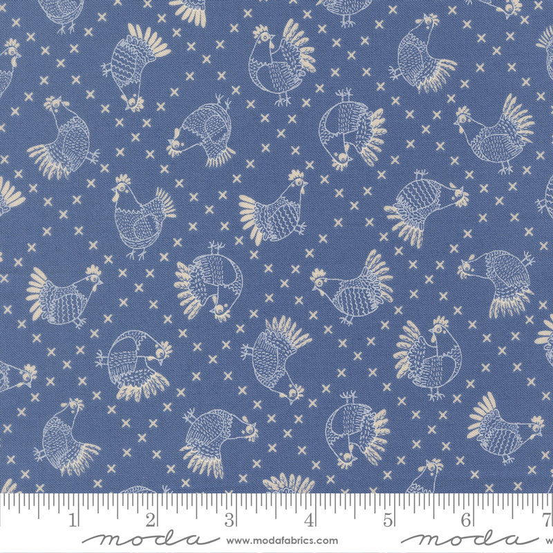 The Henhouse COBALT Cross Stitch Chickens yardage