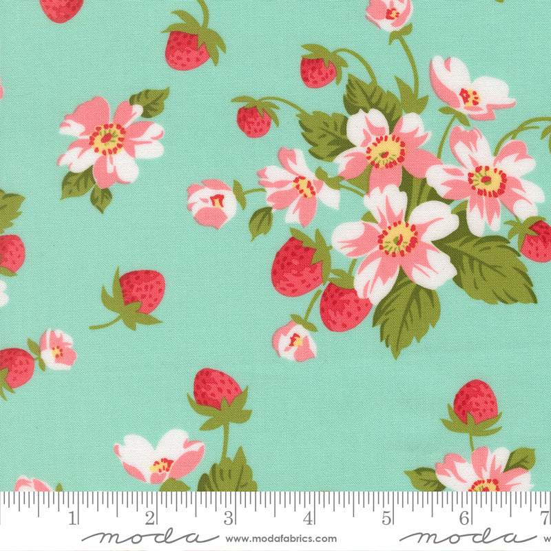 Bloomsberry In Bloom Florals Strawberries Aqua by Camille Roskelley for Moda Fabrics