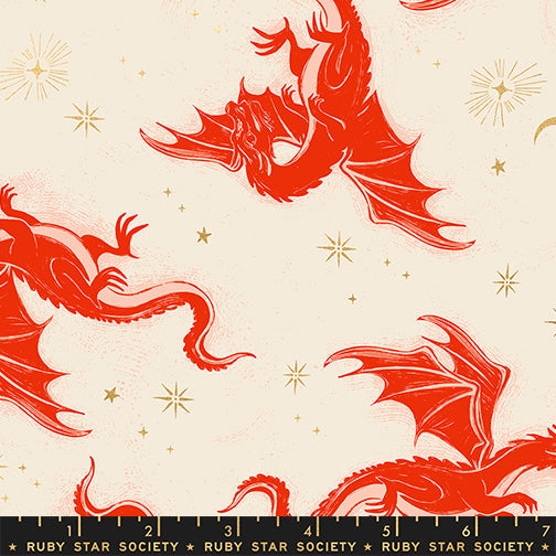 Fireglow Etched Dragons Novelty Metallic Dragon Fantasy Dark Ruby by Sarah Watts for Moda Fabrics RS2131-11M scale