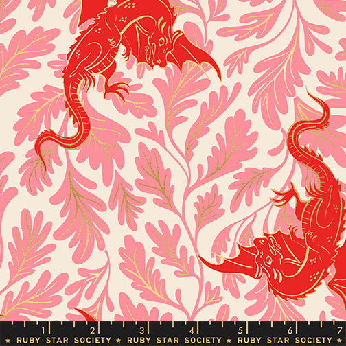 Fireglow Dragon Lair Novelty Metallic Dragon Fantasy Dark Ruby by Sarah Watts for Moda Fabrics RS2132-12M scale