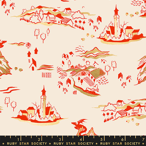 Fireglow Mountain Town Landscape Metallic Dragon Fantasy Village Dark Ruby by Sarah Watts for Moda Fabrics RS2133-11M scale