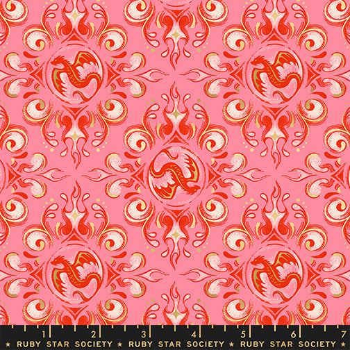 Fireglow Emblem Novelty Metallic Dragon Fantasy Dark Ruby by Sarah Watts for Moda Fabrics RS2136-12M scale