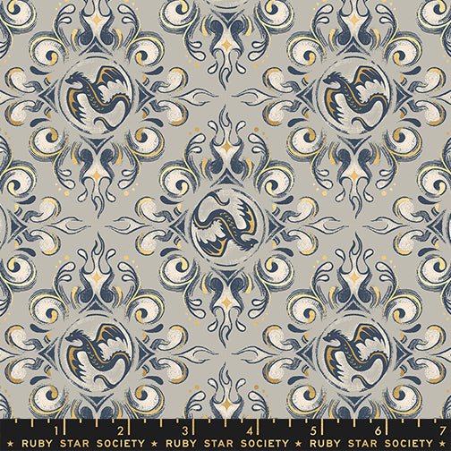 Fireglow Emblem Novelty Metallic Dragon Fantasy Oyster by Sarah Watts for Moda Fabrics RS2136-13M scale