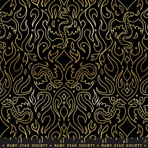 Fireglow Scribe Novelty Metallic Dragon Fantasy Black by Sarah Watts for Moda Fabrics RS2137-15M scale