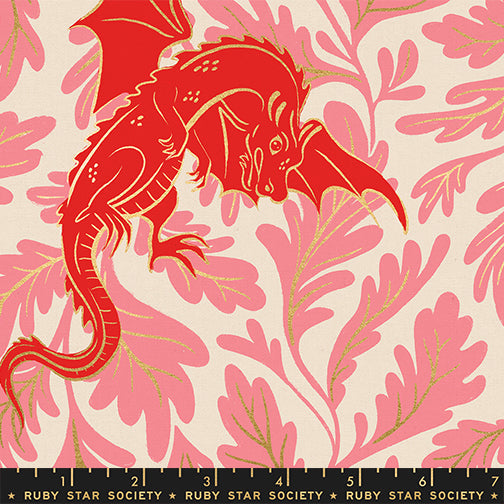 Fireglow Dragon Lair Canvas Novelty Metallic Dragon Fantasy Dark Ruby by Sarah Watts for Moda Fabrics RS2138-11LM scale