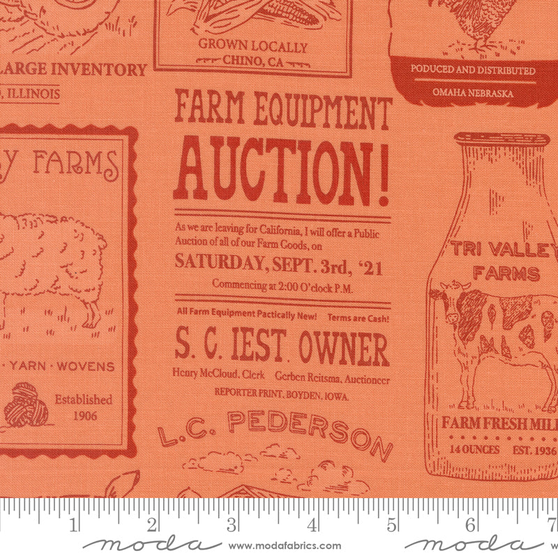Farmstead Vintage Farm Advertisements Coral by Stacy Iest Hsu for Moda Fabric 20902-21 scale
