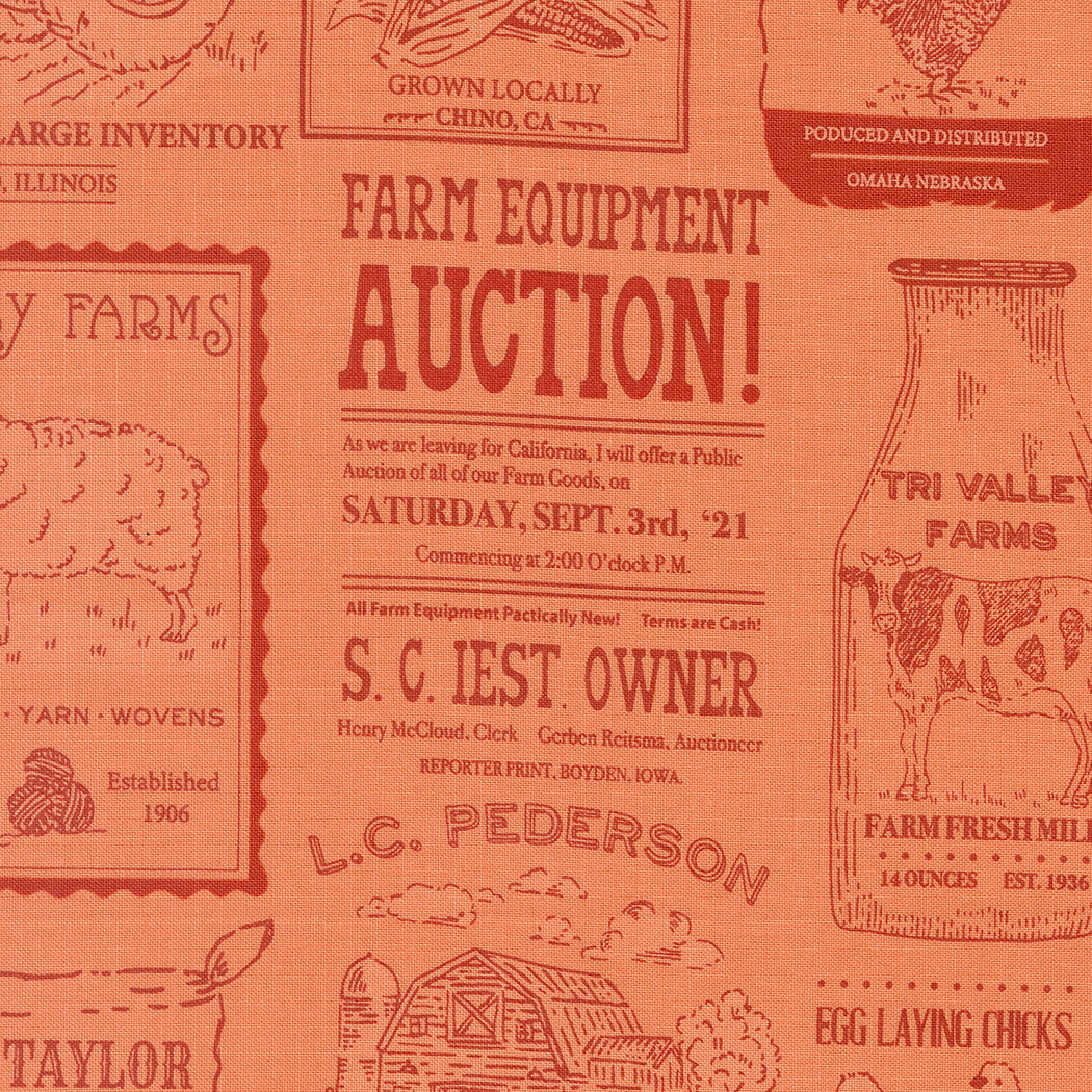 Farmstead Vintage Farm Advertisements Coral by Stacy Iest Hsu for Moda Fabric 20902-21