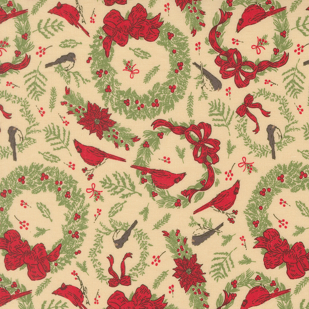 Holiday Cheer Deck The Halls Novelty Vintage Birds Cardinals Wreaths Natural by Stacy Lest Hsu for Moda Fabrics 20973-11