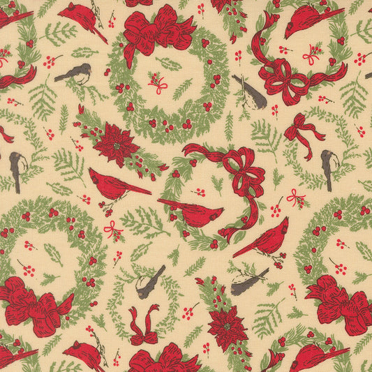 Holiday Cheer Deck The Halls Novelty Vintage Birds Cardinals Wreaths Natural by Stacy Lest Hsu for Moda Fabrics 20973-11