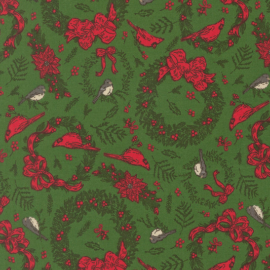 Holiday Cheer Deck The Halls Novelty Vintage Birds Cardinals Wreaths Evergreen by Stacy Lest Hsu for Moda Fabrics 20973-14