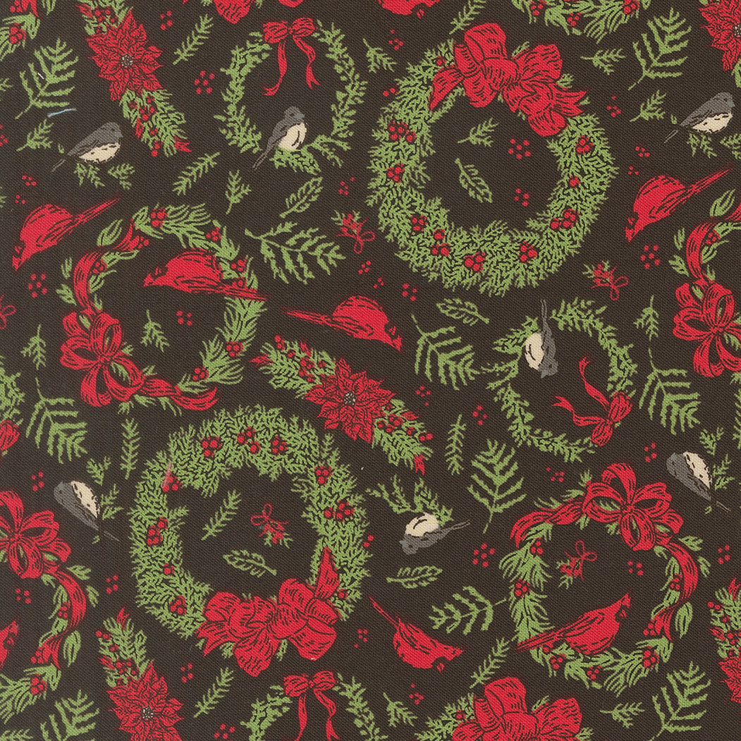 Holiday Cheer Deck The Halls Novelty Vintage Birds Cardinals Wreaths Midnight by Stacy Lest Hsu for Moda Fabrics 20973-20