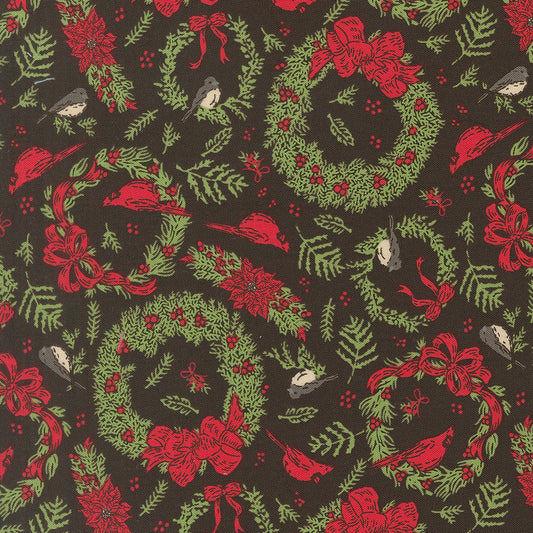 Holiday Cheer Deck The Halls Novelty Vintage Birds Cardinals Wreaths Midnight by Stacy Lest Hsu for Moda Fabrics 20973-20