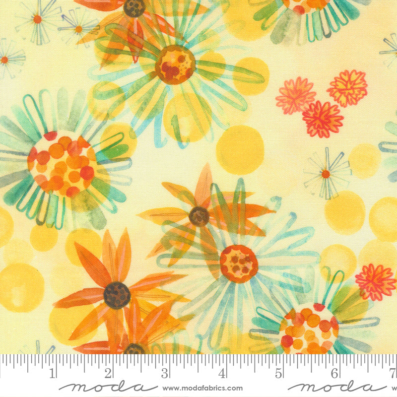 Northern Brights Yellow Black Eyed Florals Watercolor Sunshine by Amarilys Henderson for Moda Fabrics 21856-12 scale