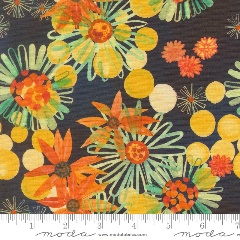 Northern Brights Yellow Black Eyed Florals Watercolor Night Sky by Amarilys Henderson for Moda Fabrics 21856-15 scale