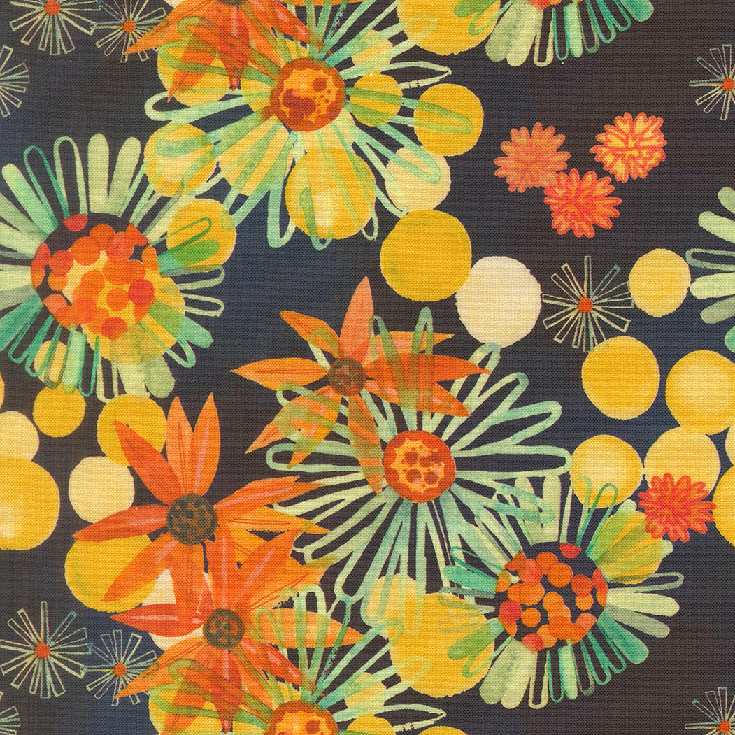 Northern Brights Yellow Black Eyed Florals Watercolor Night Sky by Amarilys Henderson for Moda Fabrics 21856-15
