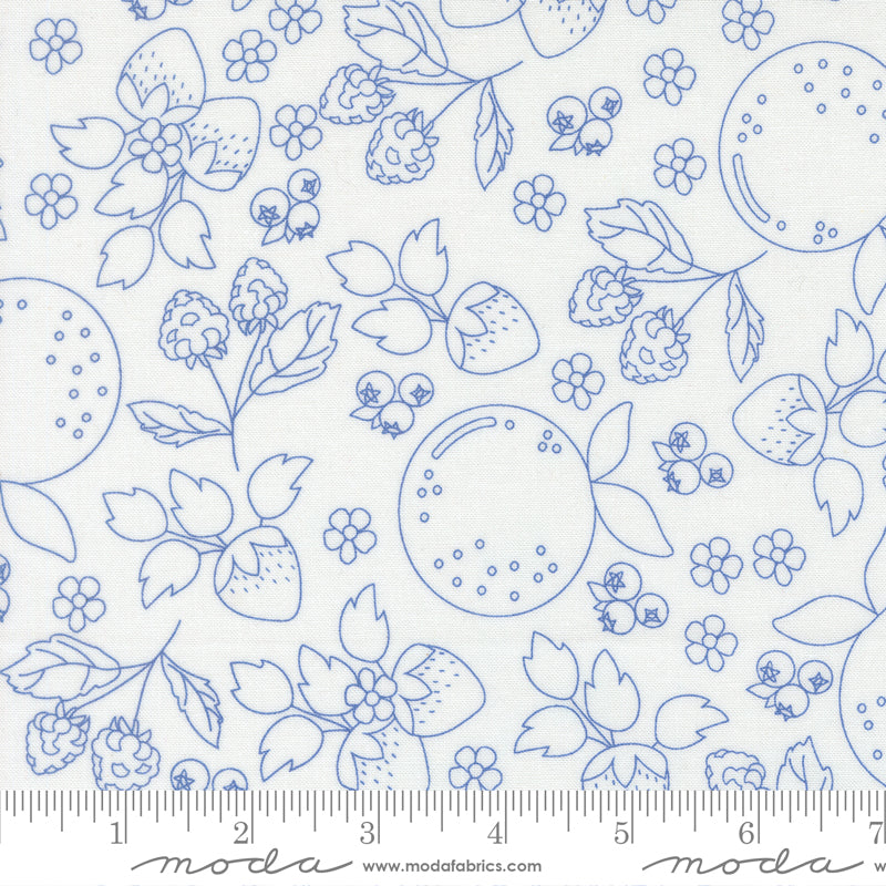 Fruit Salad Fruit Sketch Novelty Toile OFF WHITE COBALT by Corey Yoder for Moda 29241-31 scale