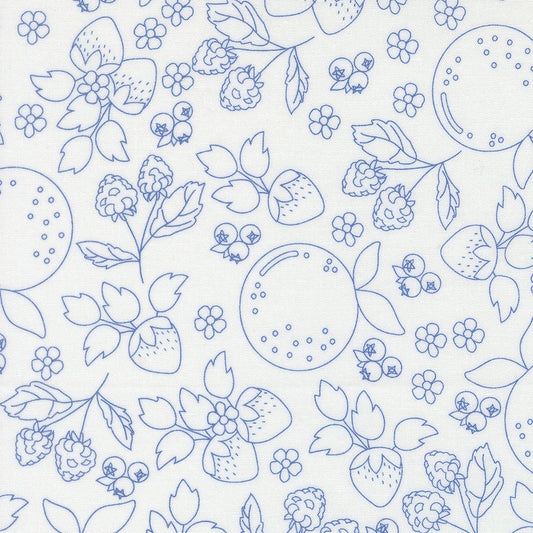 Fruit Salad Fruit Sketch Novelty Toile OFF WHITE COBALT by Corey Yoder for Moda 29241-31
