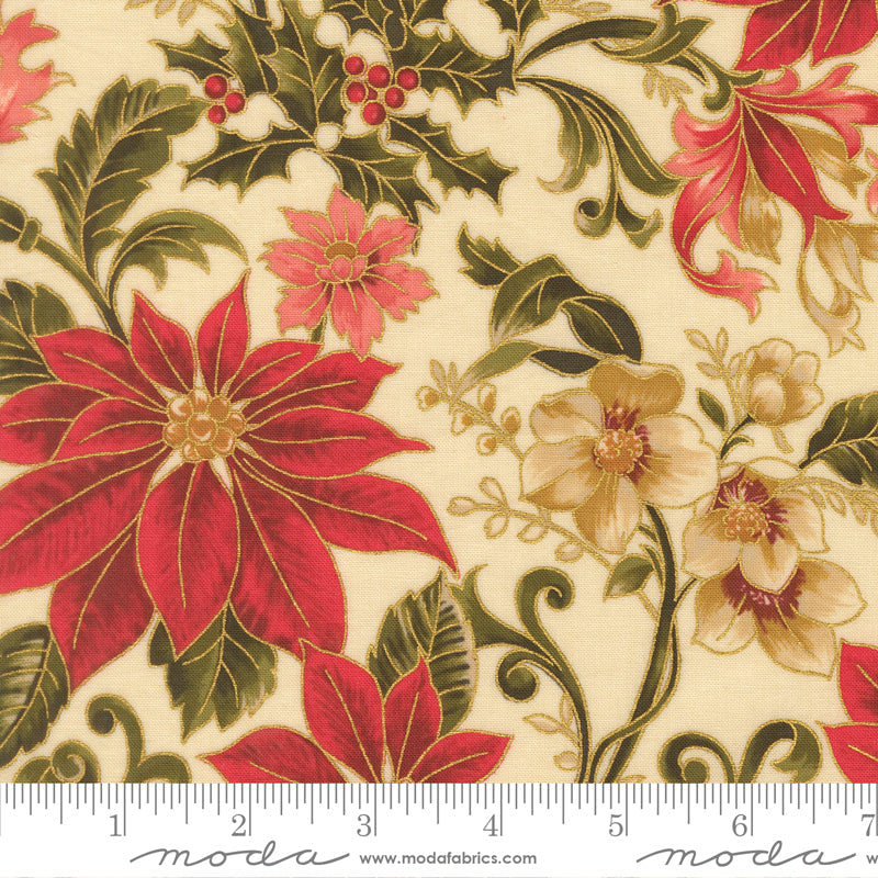 Merry Manor Metallic Poinsettia Large Floral Jacobean Cream by Moda Fabrics for Moda Fabrics 33860-11M scale