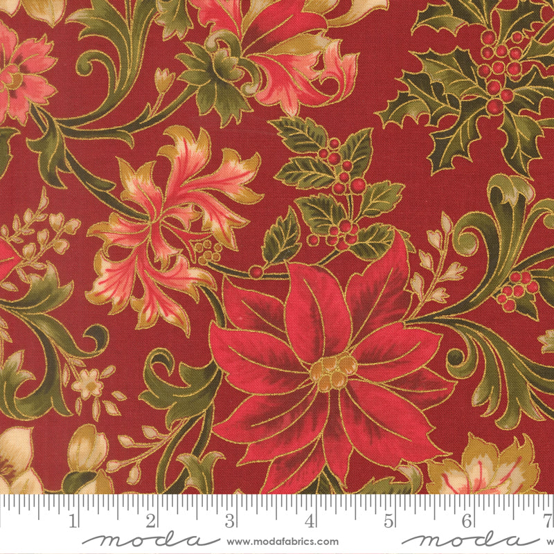 Merry Manor Metallic Poinsettia Large Floral Jacobean Crimson by Moda Fabrics for Moda Fabrics 33860-12M scale