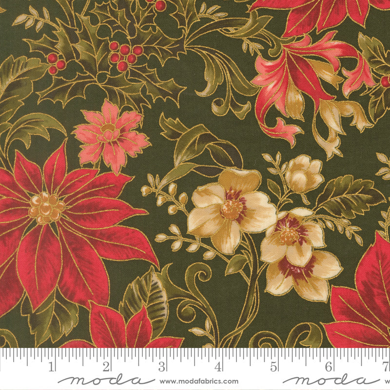 Merry Manor Metallic Poinsettia Large Floral Jacobean Evergreen by Moda Fabrics for Moda Fabrics 33860-13M scale