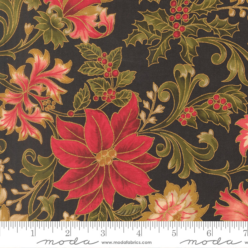 Merry Manor Metallic Poinsettia Large Floral Jacobean Ebony by Moda Fabrics for Moda Fabrics 33860-14M scale