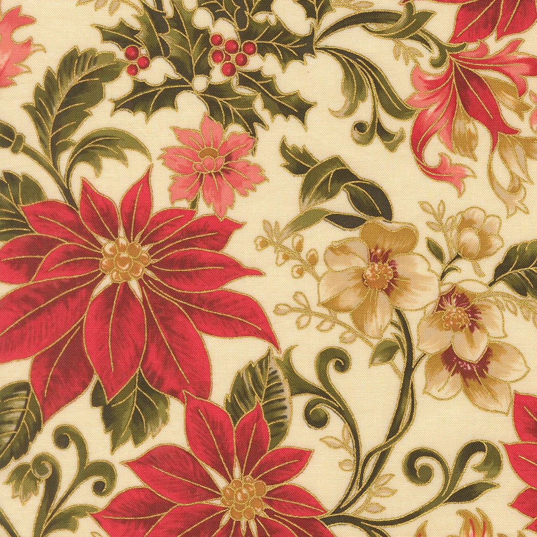 Merry Manor Metallic Poinsettia Large Floral Jacobean Cream by Moda Fabrics for Moda Fabrics 33860-11M