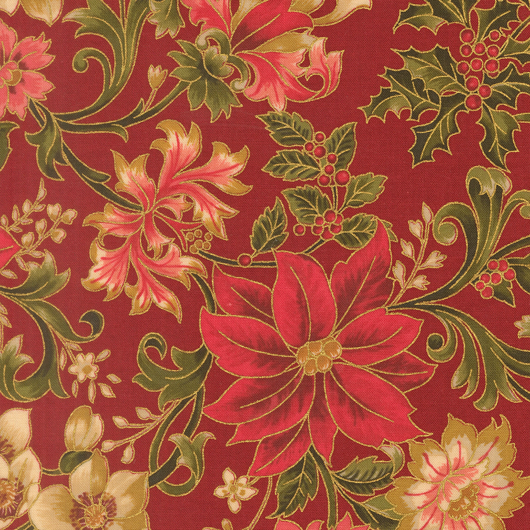 Merry Manor Metallic Poinsettia Large Floral Jacobean Crimson by Moda Fabrics for Moda Fabrics 33860-12M
