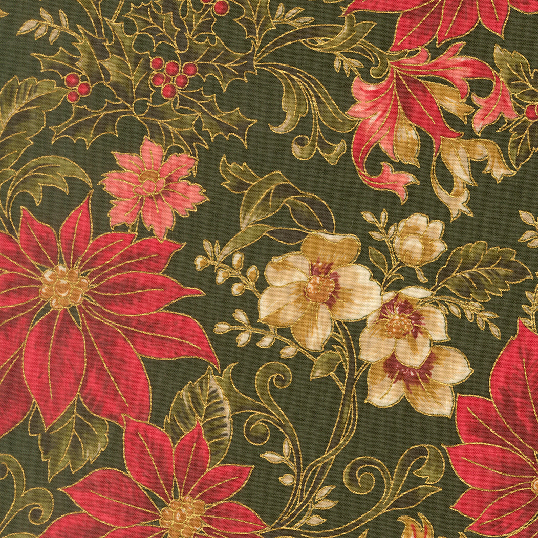 Merry Manor Metallic Poinsettia Large Floral Jacobean Evergreen by Moda Fabrics for Moda Fabrics 33860-13M