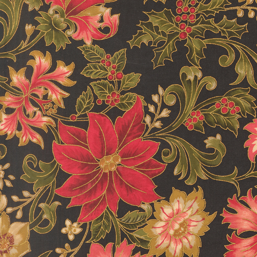 Merry Manor Metallic Poinsettia Large Floral Jacobean Ebony by Moda Fabrics for Moda Fabrics 33860-14M
