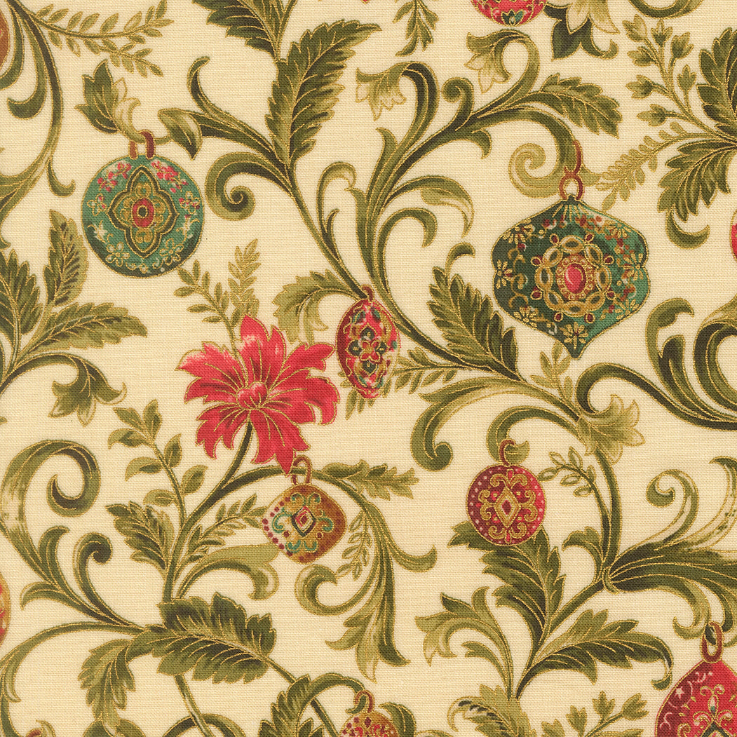 Merry Manor Metallic Twinkling Vine Florals Ornaments Cream by Moda Fabrics for Moda Fabrics 33861-11M