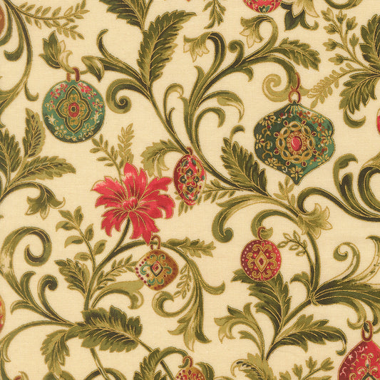 Merry Manor Metallic Twinkling Vine Florals Ornaments Cream by Moda Fabrics for Moda Fabrics 33861-11M