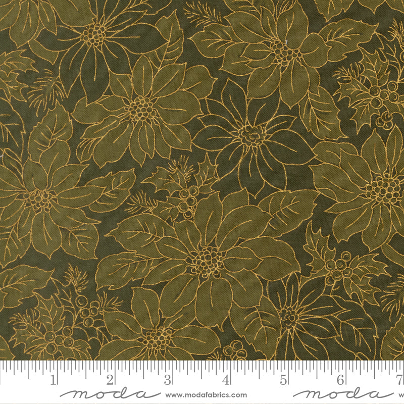 Merry Manor Metallic Poinsettia Blooms Florals Damask Evergreen by Moda Fabrics for Moda Fabrics 33862-13M scale
