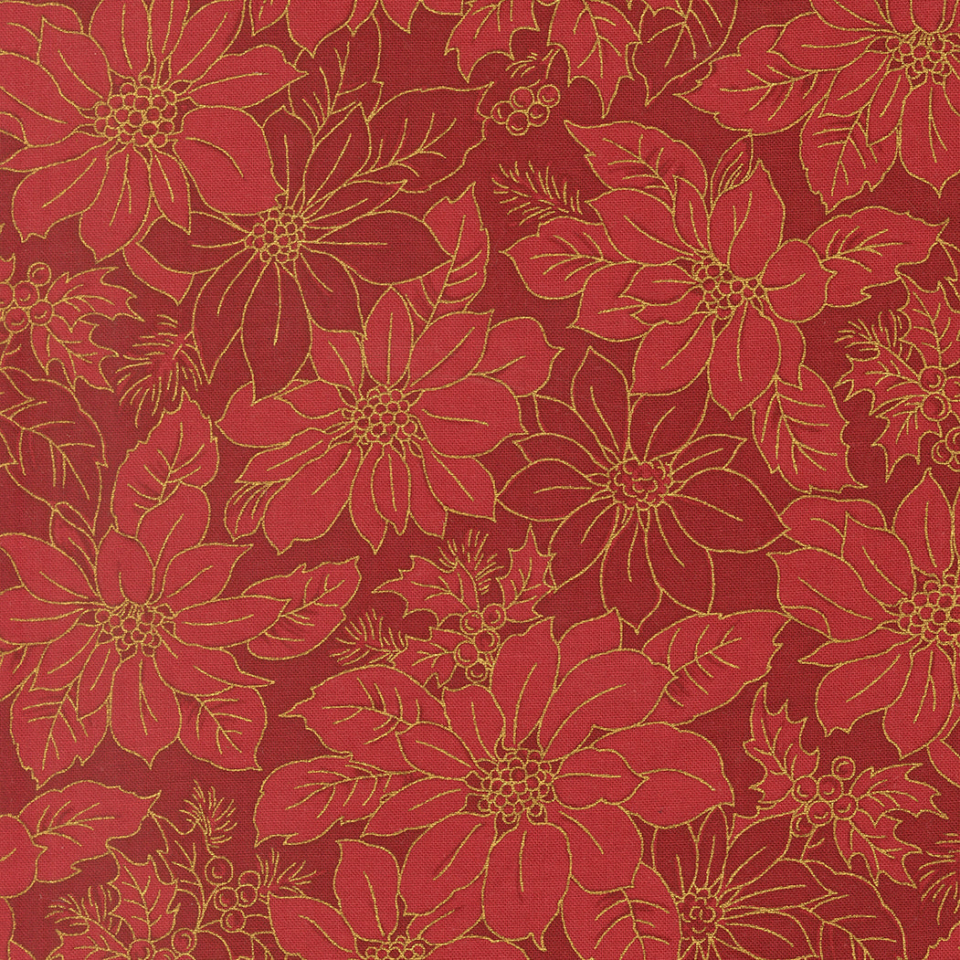 Merry Manor Metallic Poinsettia Blooms Florals Damask Crimson by Moda Fabrics for Moda Fabrics 33862-12M