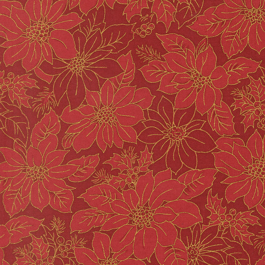 Merry Manor Metallic Poinsettia Blooms Florals Damask Crimson by Moda Fabrics for Moda Fabrics 33862-12M