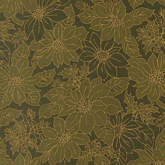Merry Manor Metallic Poinsettia Blooms Florals Damask Evergreen by Moda Fabrics for Moda Fabrics 33862-13M
