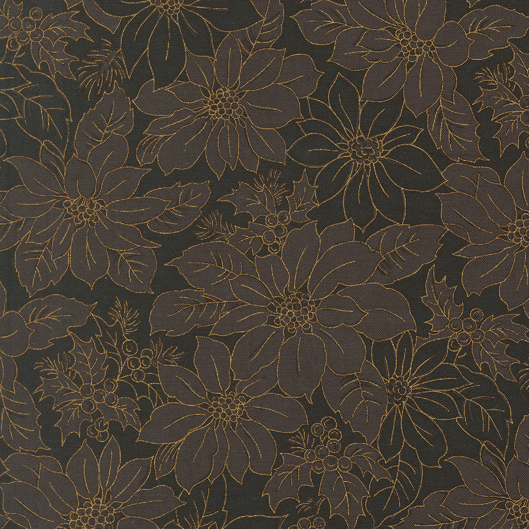 Merry Manor Metallic Poinsettia Blooms Florals Damask Ebony by Moda Fabrics for Moda Fabrics 33862-14M