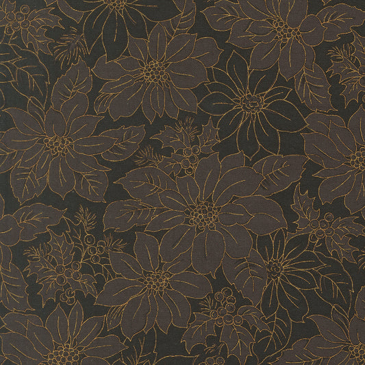 Merry Manor Metallic Poinsettia Blooms Florals Damask Ebony by Moda Fabrics for Moda Fabrics 33862-14M