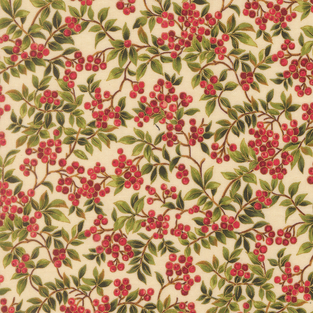 Merry Manor Metallic Hollyberry Christmas Berries Cream by Moda Fabrics for Moda Fabrics 33864-11M